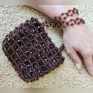 Beaded burgundy satin small evening bag